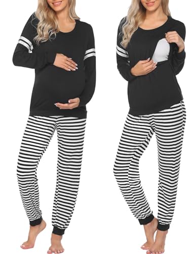 Image of Ekouaer Maternity & Nursing Pajamas Sets Long Sleeve Breastfeeding Top & Bottom Striped Pregnant with Pants for Hospital