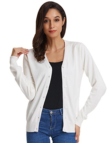 Women's Stretchy Cardigan Open Front Button Down V-Neck Sweater (L,Ivory) #TOP1