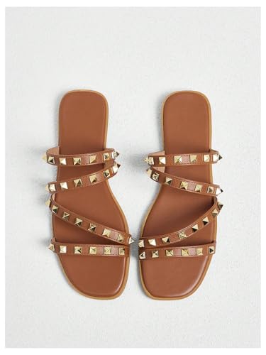 OYOANGLE Women's Studded Strappy Leather Slide Sandals Square Open Toe Slip on Flat Sandal2