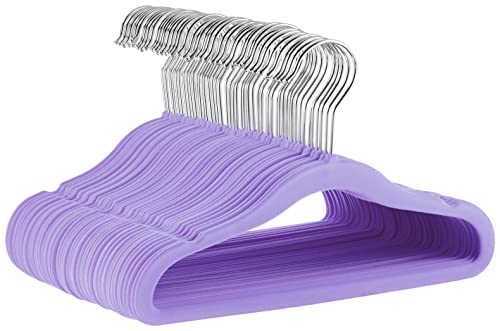 Image of Amazon Basics Kid's Velvet Non-Slip Clothes Hanger, 11.6 Inch, Purple - Pack of 50