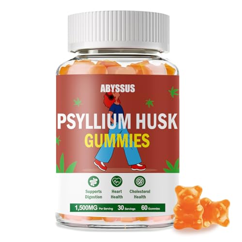 ABYSSUS Psyllium Gummies 1500mg Psyllium Husk Supplement for Adults Natural Digestive Support Regularity & Bloating Relief Sugar-Free Peach Flavored Fiber Chews 60 Count