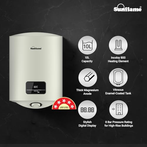 Image of Sunflame Rolig DG Geyser 10 Litre Water Heater for Home | Digital Display | BEE 5 Star Rating | Vitreous Enamel Tank Coating | Free PAN India Installation & Flexi Pipes | White