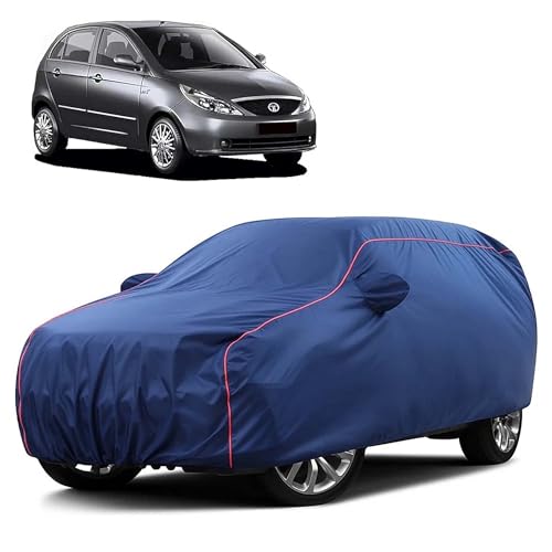 Image of Sulfar 100% Water Resistant Car Body Cover Compatible with Mirror for Tata Indica Vista (Triple Stitched, Full Bottom Elastic, Blue Taffeta with Red Piping)