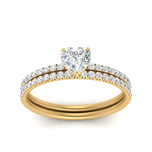 Image of Choose Your Gemstone Pave Petite Ring with Matching Wedding Band Yellow Gold Plated Heart Shape Wedding Ring Sets Minimal Modern Design Birthday Gift Wedding Gift US Size 4 to 12