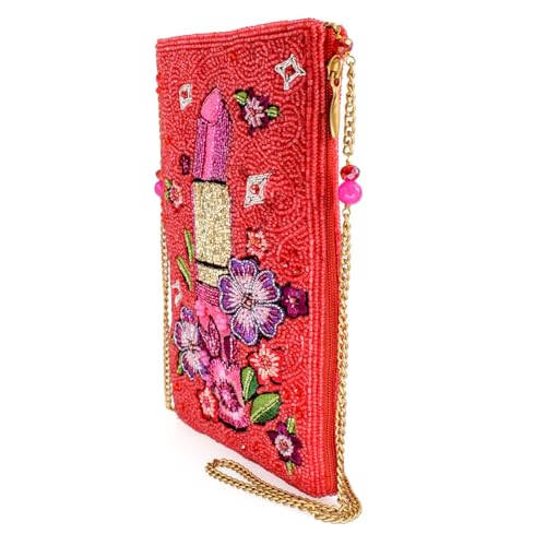 Mary Frances Women's Glamour Girl Beaded Lipstick and Floral Crossbody Cell Phone Bag Clutch with Removable Chain Strap Handbag, Pink4