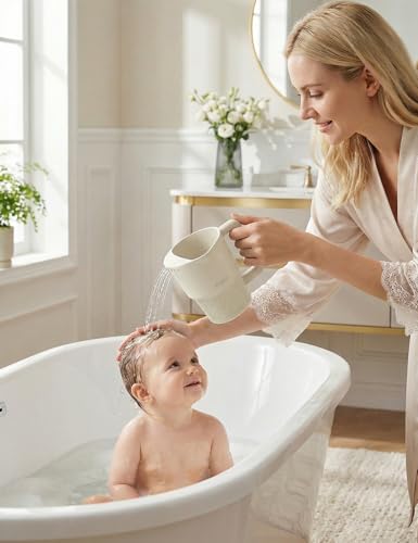 Image of Roslim Silicone Baby Bath Rinse Cup, Shampoo & Body Rinser with Easy-Grip Handle for Rinsing Hair and Body Washing, Lightweight, Non-Toxic for Babies, Toddlers, Kids (White)