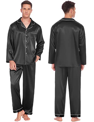 Ekouaer Couples Matching Pajamas Silk Long Sleeve Sleepwear Satin Soft Button Down Loungewear Pjs Set, S-XXL3