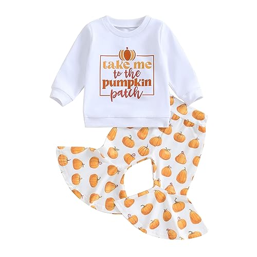 Rtnnsbbfcm Toddler Baby Girl Halloween Outfit Long Sleeve Pumpkin Letter Print Sweatshirt Top Bell Bottom Pants 2Pcs Set