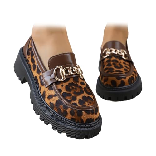 HESYSUAN Mocassini da donna con zeppa in camoscio con stampa leopardata, stile retrò comfort con punta arrotondata slip-on mocassini eleganti vestibilità larga slip-on chunky scarpe da lavoro business