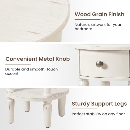 Image of HOMPUS Round End Table with Drawer, Tall end Table with Open Shelf, Farmhouse Rustic Nightstand, Slim Side Table for Small Spaces, Skinny Modern Space-Saving Accent Table for Bedroom, Easily Assembled