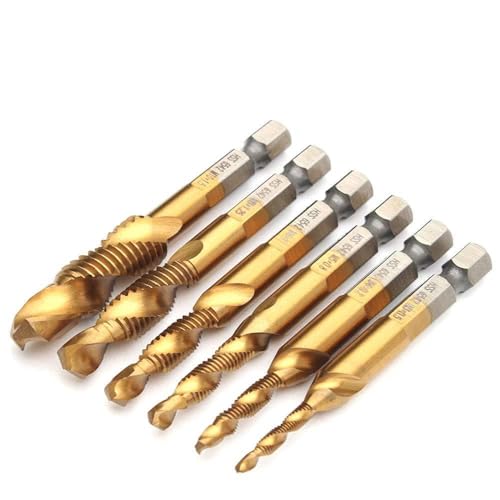 JKDRILL 6pcs 1/4 Hex Shank Titanium Plated M3-M10 ＨSS Screw Thread Metric Tap Drill Bits , Combination Drill and Tap Set