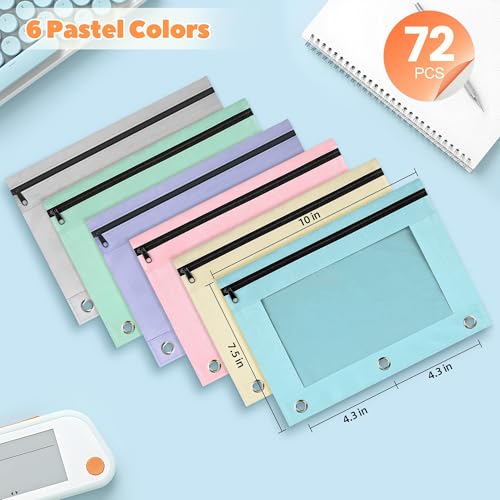 Image of Lanpn Pencil Pouch for 3 Ring Binder 72 Pack, Pastel Binder Pen Bags Bulk with Zipper, Aesthetic 3 Holes Pencil Holder Organizer for Boy Girl Kids School Student, Reinforced Grommets & Clear Window