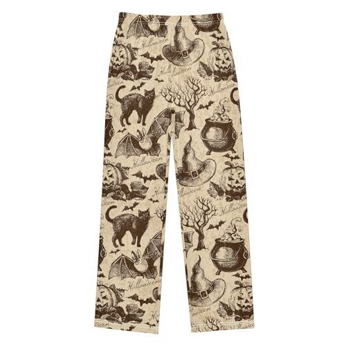 Halloween Cat Bat Boys Long Pants Soft Trousers Elastic Waist Kids Lounge Bottoms with Pockets S-XL