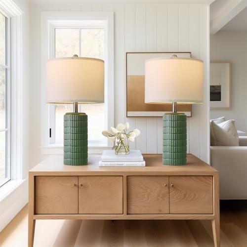 Image of PoKat 23 inch Dark Green Ceramic Table Lamps Set of 2, Modern Table Lamps for Living Room, Farmhouse Lamps for Bedroom Night Stands, Traditional Nightstand Desk Decor Lamps