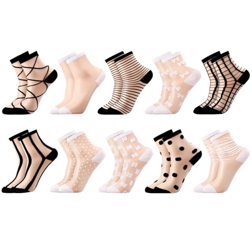 Image of Jspupifip Sheer See Through Socks for Women - Striped Plaid Mesh | Polka Dot & Bow Design Transparent Soft Breathable Fashion Stockings, Lightweight Lace Socks