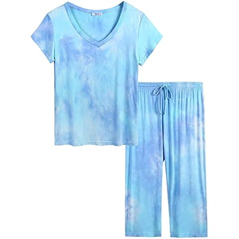 Amorbella Womens Summer Cooling Short Sleeve Bamboo Capri Pyjamas/PJs Night Sweats Nightwear (Tie-Dye, Large) Cover