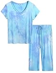 Amorbella Womens Summer Cooling Short Sleeve Bamboo Capri Pyjamas/PJs Moisture Wicking Nightwear (Tie-Dye, Medium)