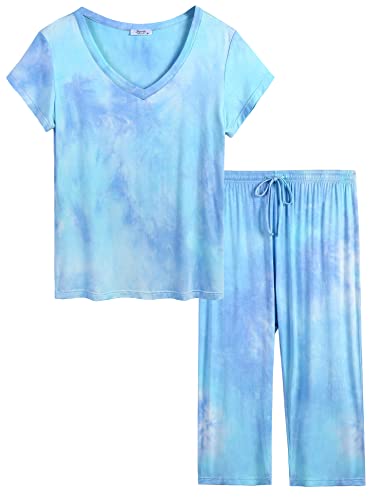 Joyaria Womens Pajama Sets Short Sleeve and Capri Pants Soft Bamboo Viscose 2 Pieces Sleepwear Lounge Set