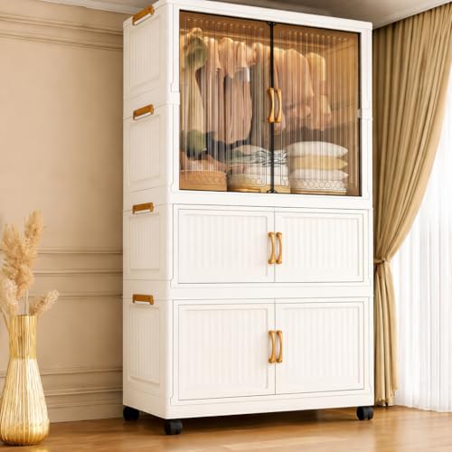 Image of EXVITO 2 Tier Stackable Kitchen Storage Drawer Organizer Cabinet with Transparent Doors, Multi-Layer Storage Bin, Space-Saving Pantry Organizer, Cupboard for Clothes, Storage Rack - Off White