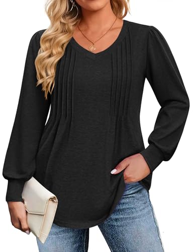 Image of IN'VOLAND Womens Plus Size Shirts V Neck Puff Long Sleeve Tops | Loose Fit, Dressy Casual Blouse, Pleated, Fall Outfits, Business Work TShirts, Basic Tees
