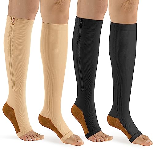 Image of bropite Zipper Compression Socks Women & Men - 2Pairs Calf Knee High 15-20mmHg Open Toe Compression Stocking suit for Walking