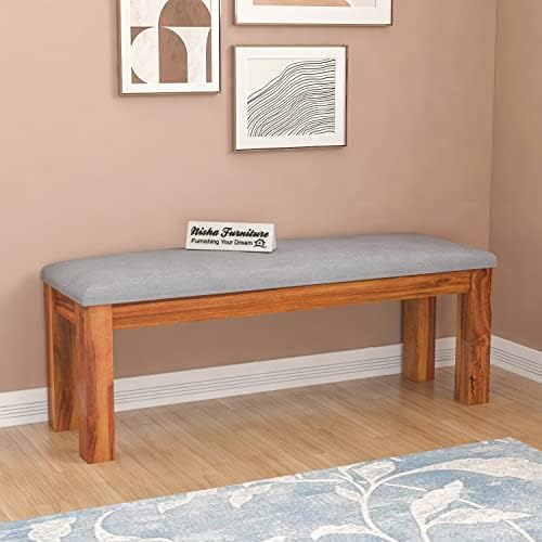 SIGNATURE KRAFT Solid Sheesham Wood Bench with Grey Upholstery for