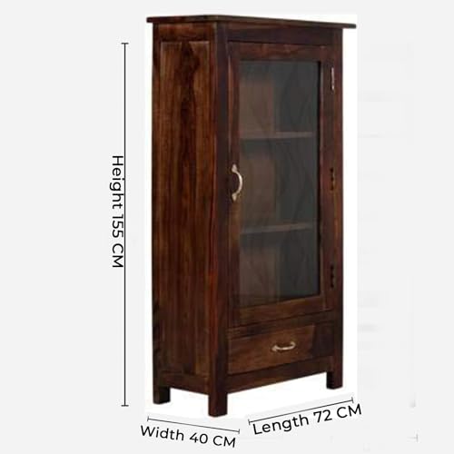 Image of Solid Wooden Book Shelf | Book Case with Door, Drawer & Shelf Storage for Living Room, Bedroom, Hotel & Home, Brown Finish, (60D x 27W x 109H CM)