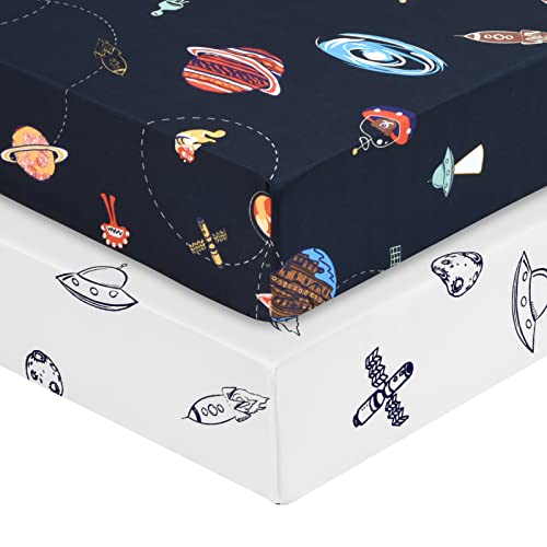 Image of PHF Soft Space Crib Sheet Fitted, 2 Pack Silky Comfy Breathable Polyester Baby Sheets for Boys Girls,28x52x9in Fits Standard Crib and Toddler Mattresses, Space