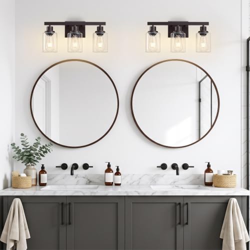 Image of 3 Light Bathroom Vanity Light,Oil Rubbed Bronze Vanity Lights 17 inch | Bronze Bathroom Light Fixtures over Mirror,with Clear Glass,Modern Wall Sconces for Bathroom,E26 Base