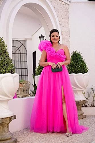 One Shoulder Tulle Prom Dresses Long Bridesmaid Dresses for Women Wedding Formal Evening Party Dress with Slit4