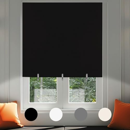 No Drill Blackout Blind Stick on Curtains Thermal Insulated, Adjustable Clips Self Adhesive Cut to Size Easy Fit Temporary Blackout Window Blinds for Bedroom, Nursery (1, Black, 66W x 180H cm)