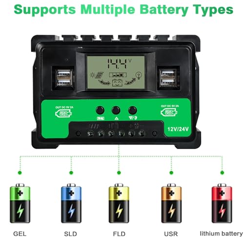 BuyWeek 60A MPPT Solar Laderegler 12V/24V Solarladeregler mit LCD-Display und 4 USB Ports MPPT Solarregler Solar Charge Controller für Blei Säure Lithium Batterien