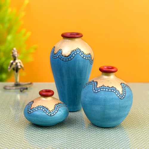 Image of Aakriti Art Creations Terracotta Vases Set of 3 | Handmade Turquoise Blue Golden Modern Art Flower Vases | Matte Finish Decorative Vases for Home Decor & Gifting