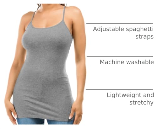 Image of Long Cotton Camisole Tank Tops for Women | Basic Braless Layering Tops with Adjustable Spaghetti Straps