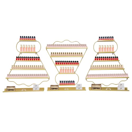 Ficwzw Metal Wall Mounted Nail Polish Rack, 6 Sets Triangular Cosmetic Display Racks, Essential Oil Bottles Shelf Organizer, Gold Storage Lipstick Perfume Holder for Spa Nail Salon Shop Home
