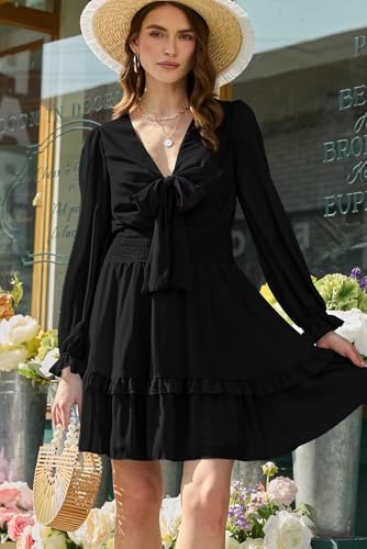 Image of Dokotoo Womens Casual Spring Fall 2025 Deep V Neck Knotted Tiered Chiffon Elegant Mini Short Swing Skater Dresses