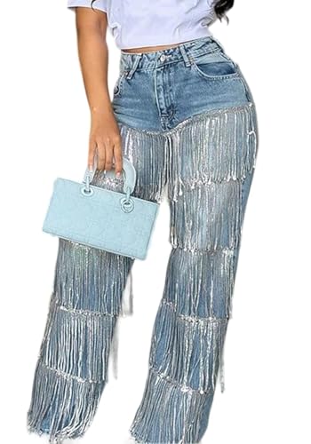LETSVDO Women's High Waisted Sequin Fringe Jeans Baggy Wide Leg Glitter Sparkly Tassels Denim Pants Trousers