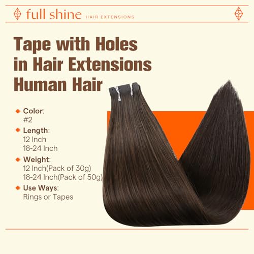 Image of Full Shine Holed Tape in Extensions, Darkest Brown 12 Inch | 30g 20 PCS, Invisible Tape Ins Human Hair Extensions, Remy Human Hair, Flat Fit, Easy Care, Casual Styling, Soft Movement