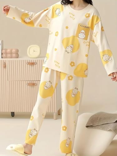 Image of GLASGO Women's Cotton Pajama Set with Top & Pants|| Korean Night Wear|| Loose Fit Home Wear || Lightweight Printed Set || Soft & Comfy Sleepwear for Girls & Women || LNS-4-$