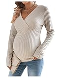 SweatyRocks Women's Maternity Tops V Neck Long Sleeve Ribbed T Shirts Pregnancy Clothes Apricot Medium