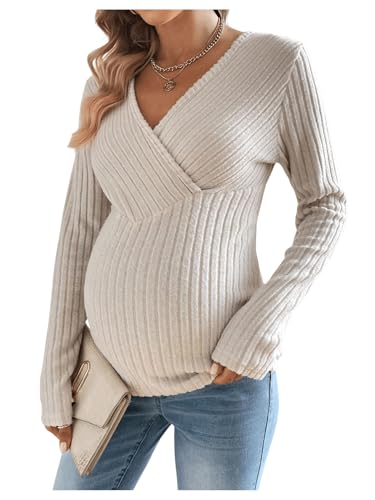 SweatyRocks Women's Maternity Tops V Neck Long Sleeve Ribbed T Shirts Pregnancy Clothes Apricot Small