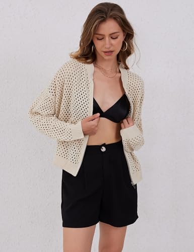Womens Zip Up Crochet Cardigan Sweater Oversized Long Sleeve Hollow Out Knit Bomber Jacket Fishnet Sweaters2