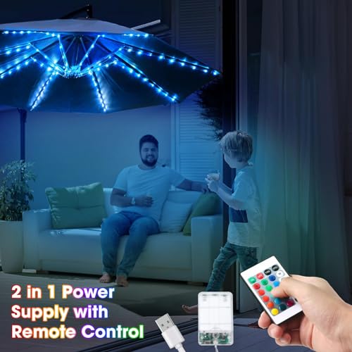 Image of Frienda 2 Pack Patio Umbrella String Lights, 16 Colors Umbrella Lights Outdoor Patio, 4 Modes 104 Bright LED Patio Umbrella Light Outdoor Patio Decor with Remote Control, USB Or Battery Operated