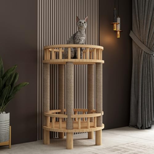 キャットタワー 木製 キャットネスト 通気 夏冬兼用 猫家具 収納簡単 多頭飼い ストレス解消 省スペース 組み立て簡単 多機能 猫用ハウス 爪とぎ つめとぎ 猫 安定性良い おしゃれ (39*39*53CM)