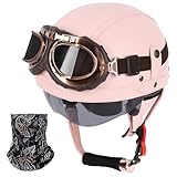 Pink Motorcycle Helmet, German Style Leather Half Helmet, DOT Approved Womens Motorcycle Helmet, Half Face Helmet with Goggles, for Moped Bike Cruiser Scooter Chopper (Pink, S)