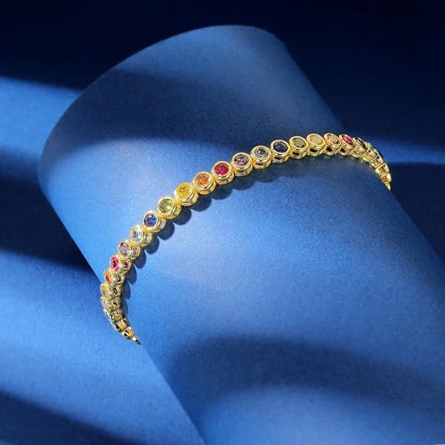 Gemsme 3.0mm Colorful Tennis Link Bracelet, 18K White/Yellow Gold Plated Bezel-Set 3MM Cubic Zirconia Rainbow Tennis Bracelet for Women 6-8.5 Inches3