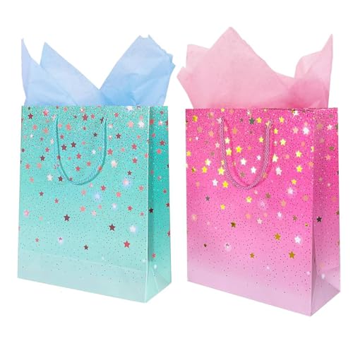 OMBRISA Gift Bags 2pcs with 2Tissue Paper, Small Size Present Bag, Birthday Gift Bag for Party Present, Wrapping Gift Bags with Handle for Men Women, Wedding, Baby Shower, Teacher’sDay (Blue, Pink)