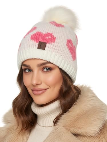 Bonnet d'hiver Baesics à pompon et motif cœurs pour homme et femme