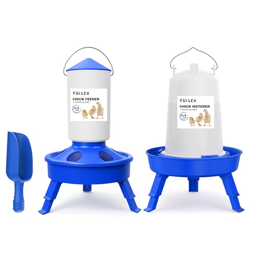 Tiflev Chick Feeder and Waterer Set with 3 Adjustable Height Scoop 0.4Gal Top Fill Chick Feeder and 0.4Gal Waterer Anti-Drown for Raising Chicks in Brooder Blue