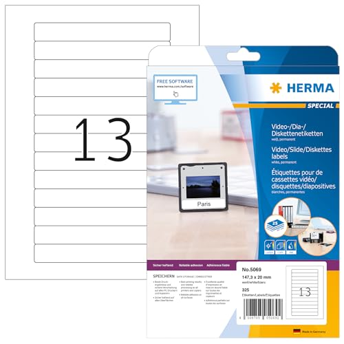 Herma 5069 Étiquettes pour Cassettes Vidéo 147,3 x 20 Planches A4 Blanc